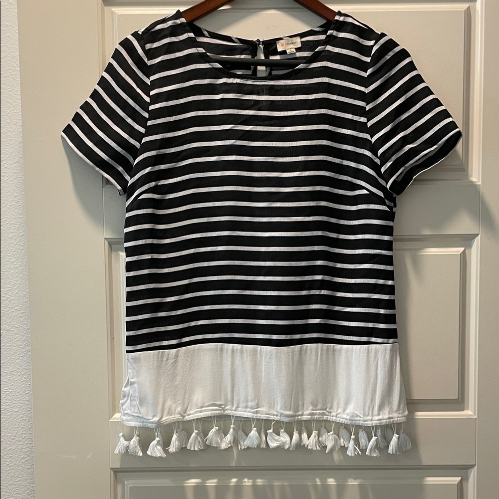 Daniel Cremieux Black and White Striped Top with Tassel Detail